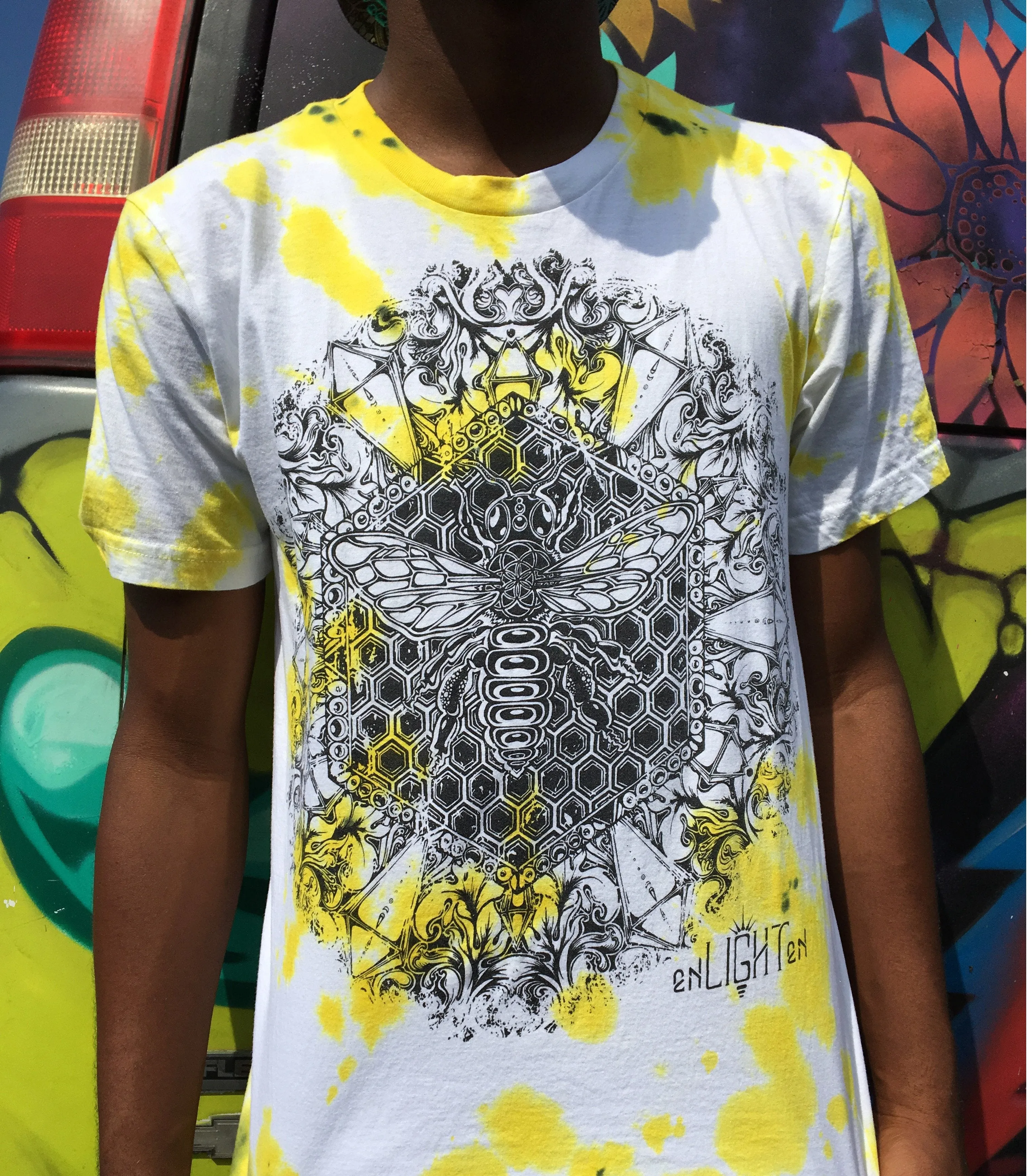 Bee Alive Yellow, Black And White Organic Sacred Geometry Tye Dye Tee Shirt