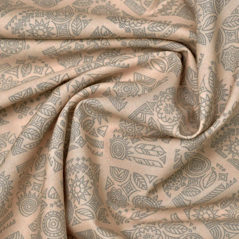 Beige Leaf Screen Printed Screen Printed Cotton Fabric