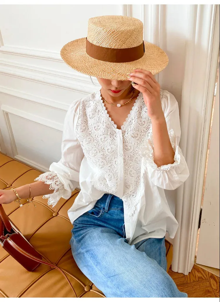 Bohemian Lantern Sleeve Lace Blouse - Floral Print V-Neck Cotton and Polyester Shirt