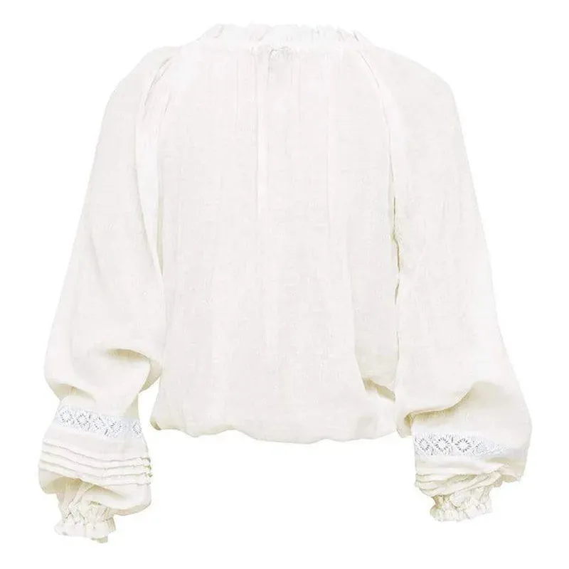 Bohemian Lantern Sleeve Lace Blouse - Floral Print V-Neck Cotton and Polyester Shirt