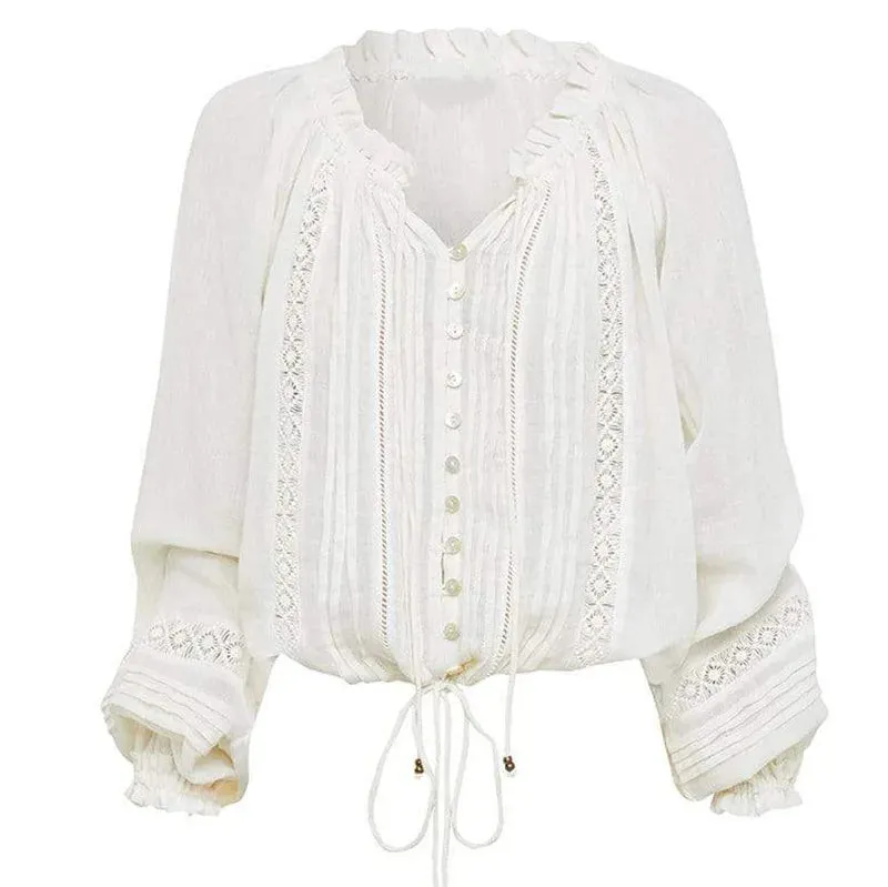 Bohemian Lantern Sleeve Lace Blouse - Floral Print V-Neck Cotton and Polyester Shirt