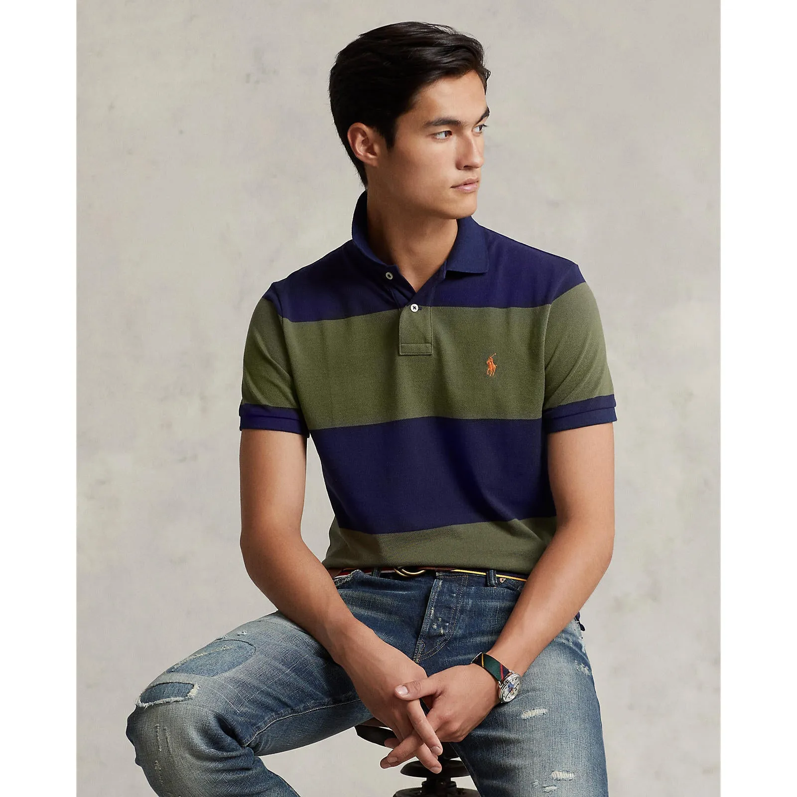 Custom Fit Mesh Polo - Stripe - Navy & Sage Green