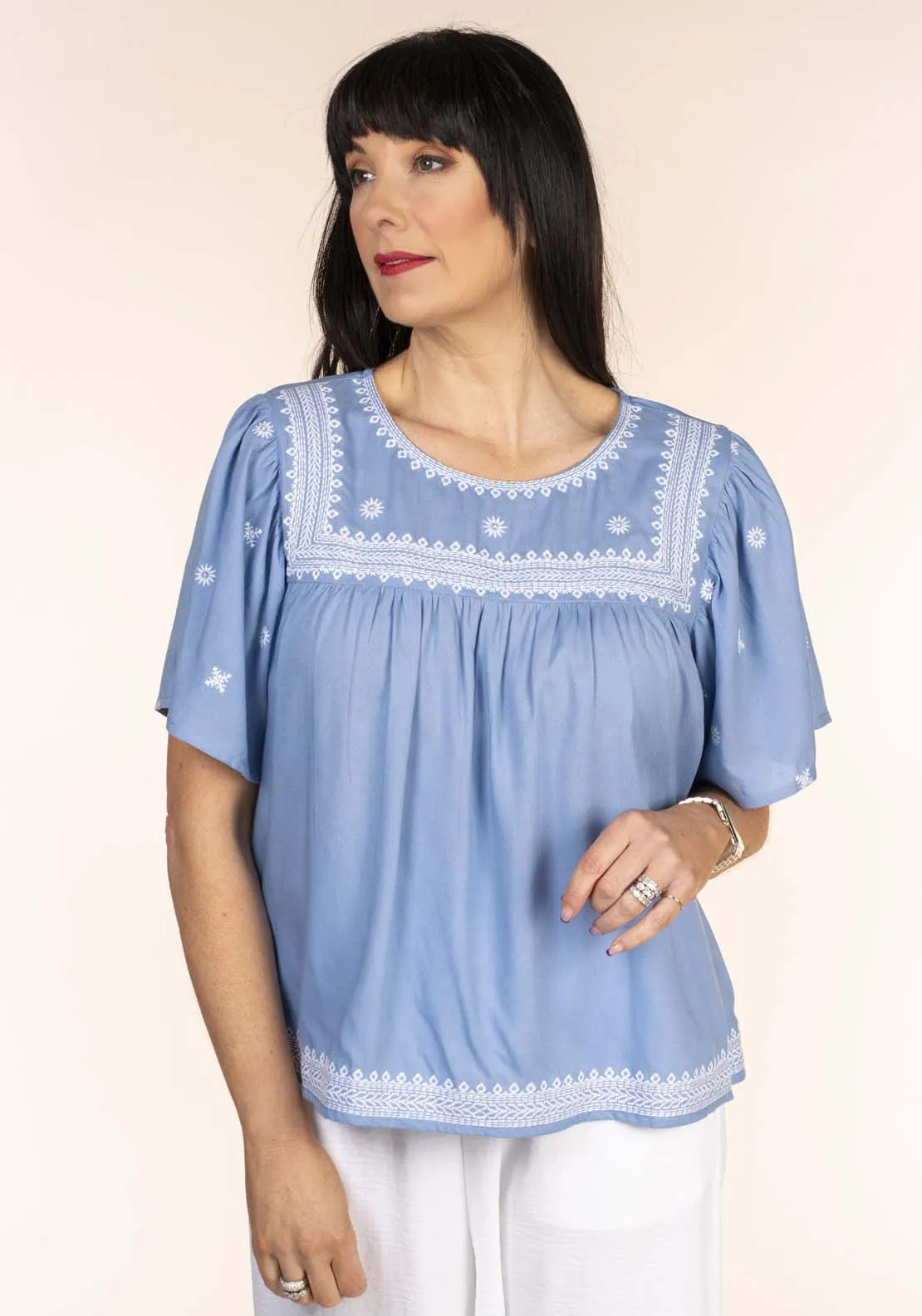 Embroidred Yoke Blouse - Blue