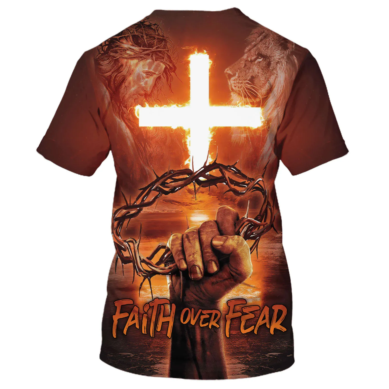 Faith Over Fear Crown Of Thorns Cross Fire 3D All Over Printed Shirt for Men and Women