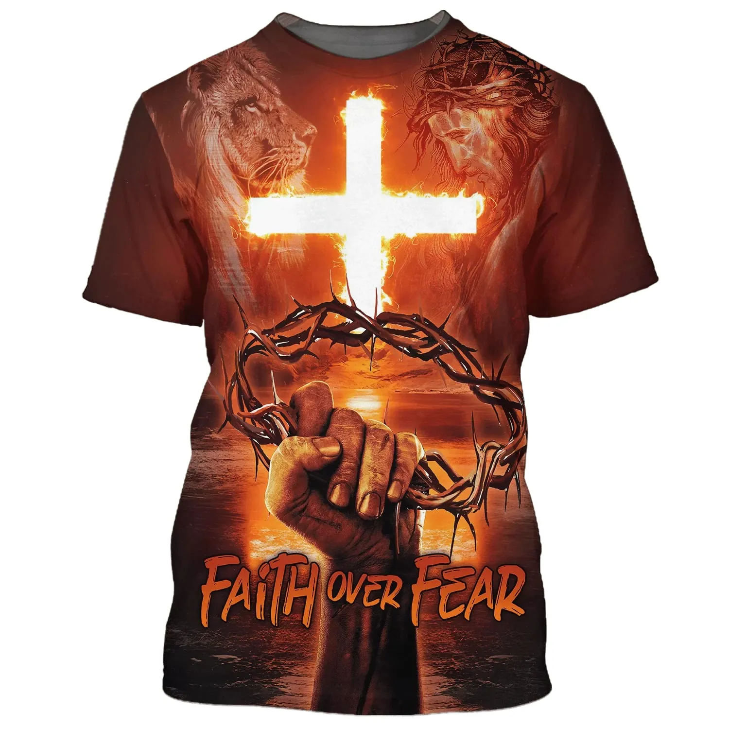 Faith Over Fear Crown Of Thorns Cross Fire 3D All Over Printed Shirt for Men and Women