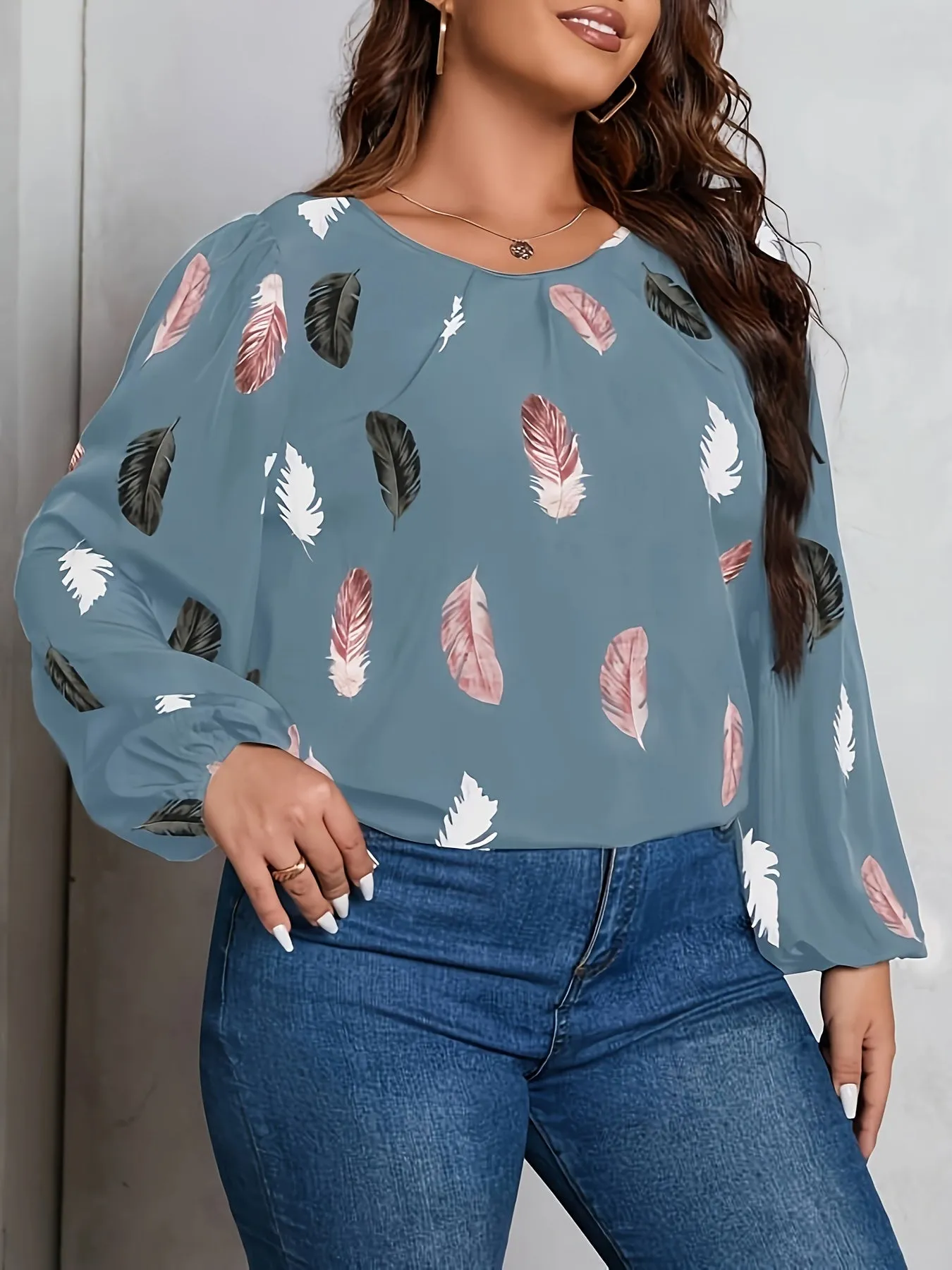 Feather Print Lantern Sleeve Blouse for Curvy Women