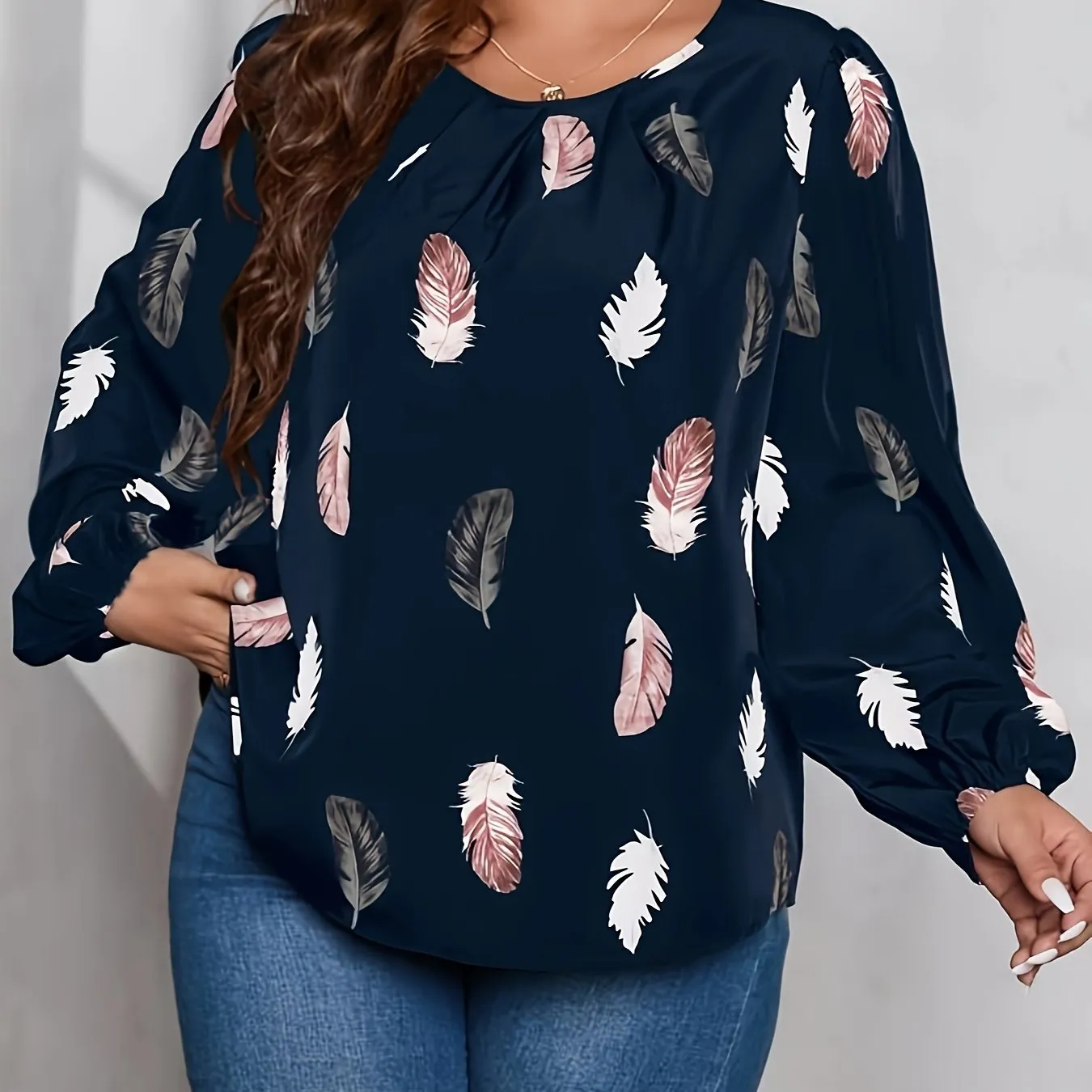 Feather Print Lantern Sleeve Blouse for Curvy Women