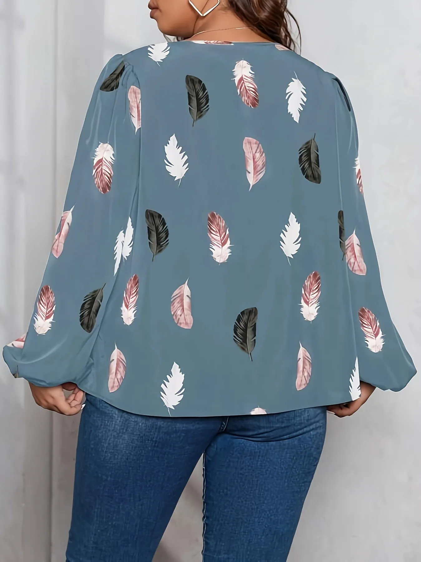 Feather Print Lantern Sleeve Blouse for Curvy Women