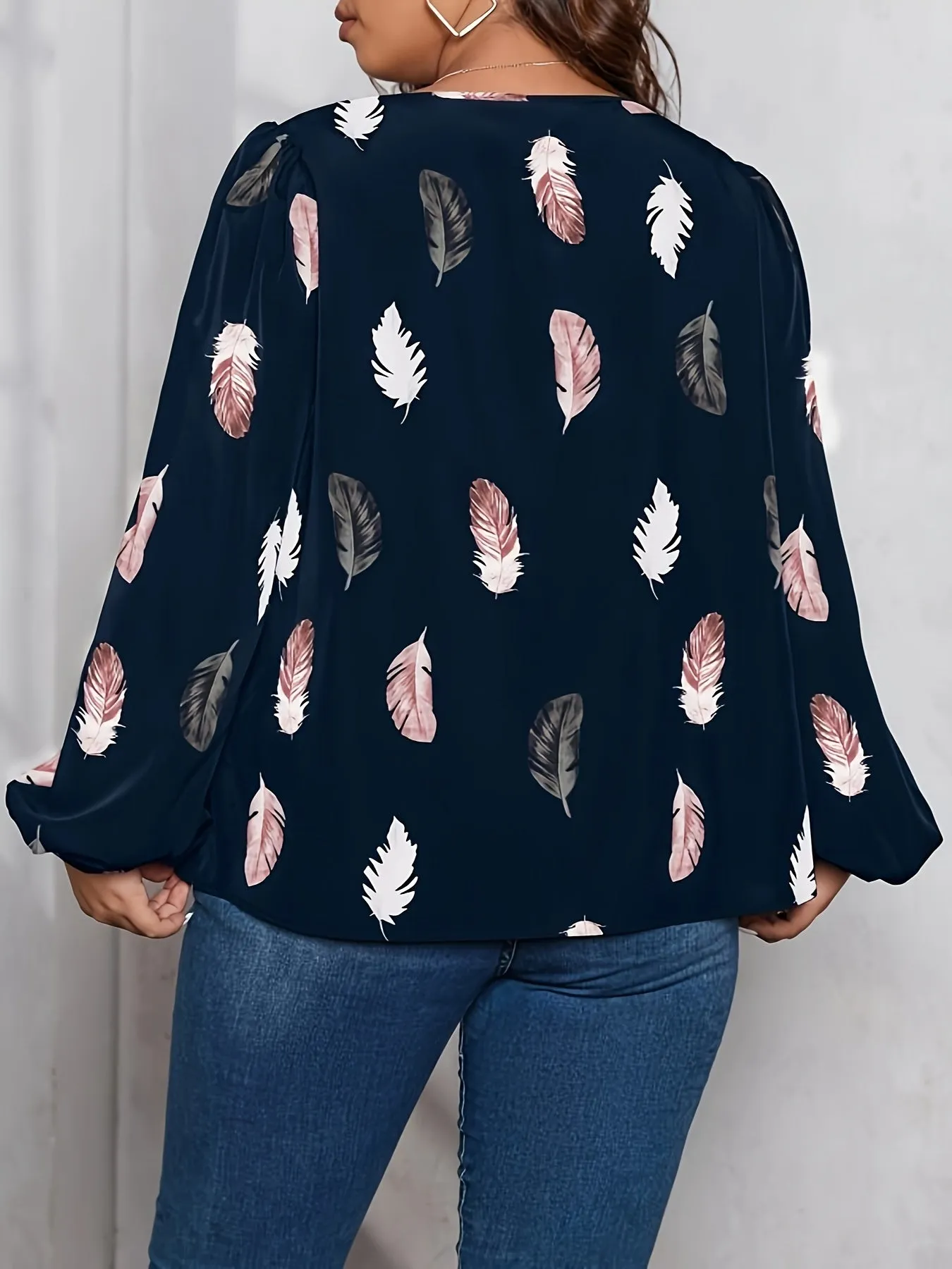 Feather Print Lantern Sleeve Blouse for Curvy Women