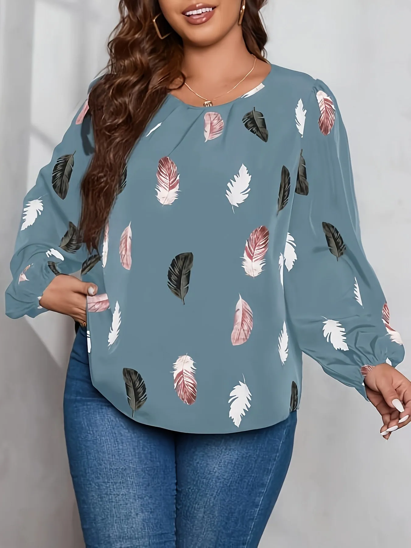 Feather Print Lantern Sleeve Blouse for Curvy Women