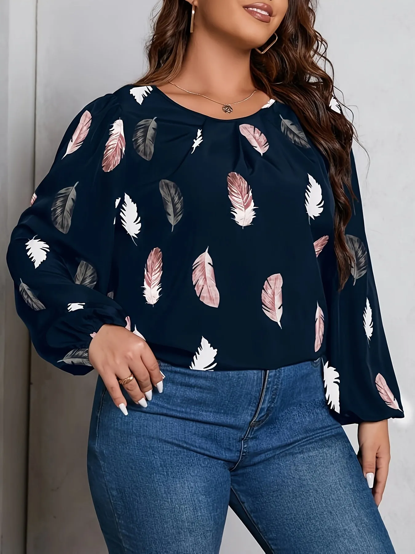 Feather Print Lantern Sleeve Blouse for Curvy Women