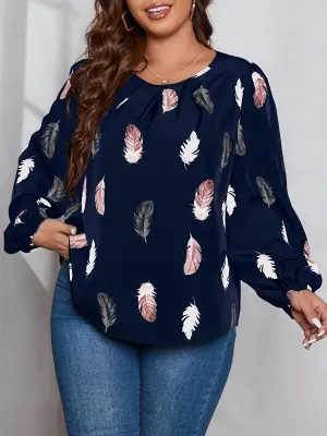 Feather Print Lantern Sleeve Blouse for Curvy Women