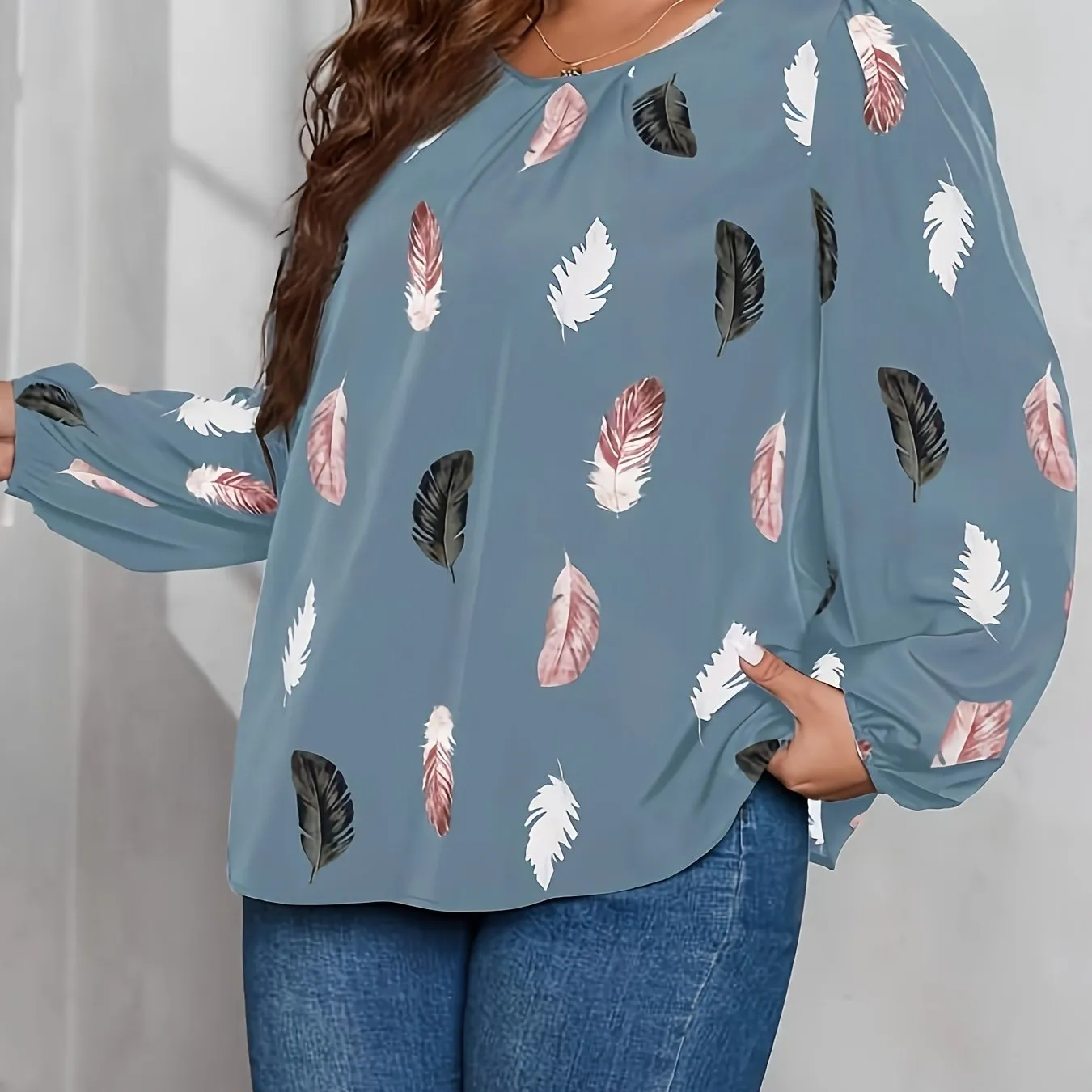 Feather Print Lantern Sleeve Blouse for Curvy Women