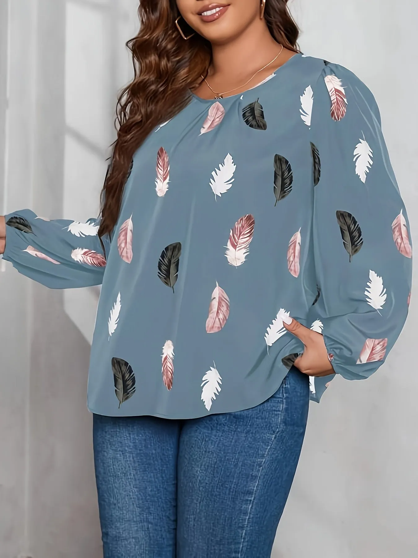 Feather Print Lantern Sleeve Blouse for Curvy Women