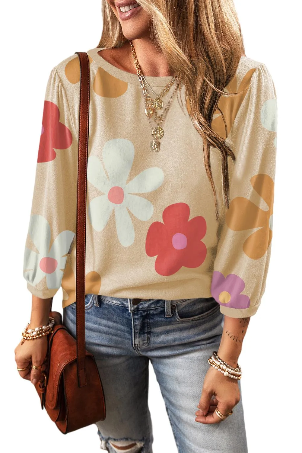 Floral Printed Long Sleeve Top for Ladies - Apricot Beige