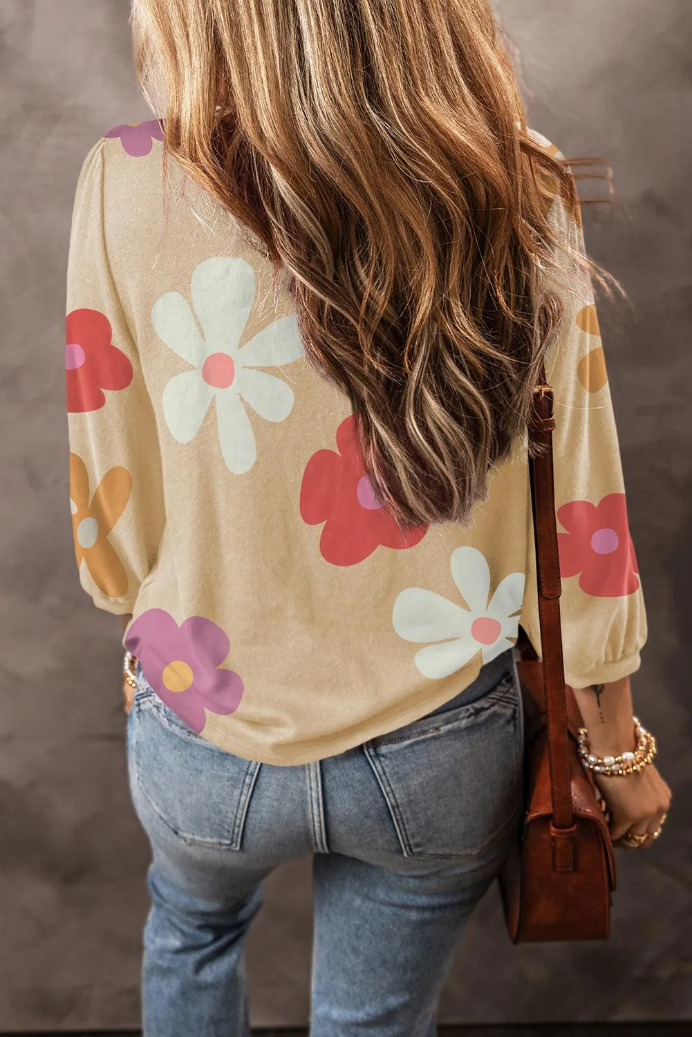 Floral Printed Long Sleeve Top for Ladies - Apricot Beige