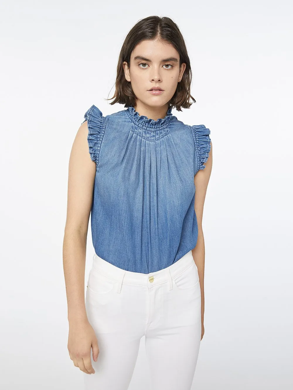 Frame - Ruffle Denim Sleeveless Top in Joanie