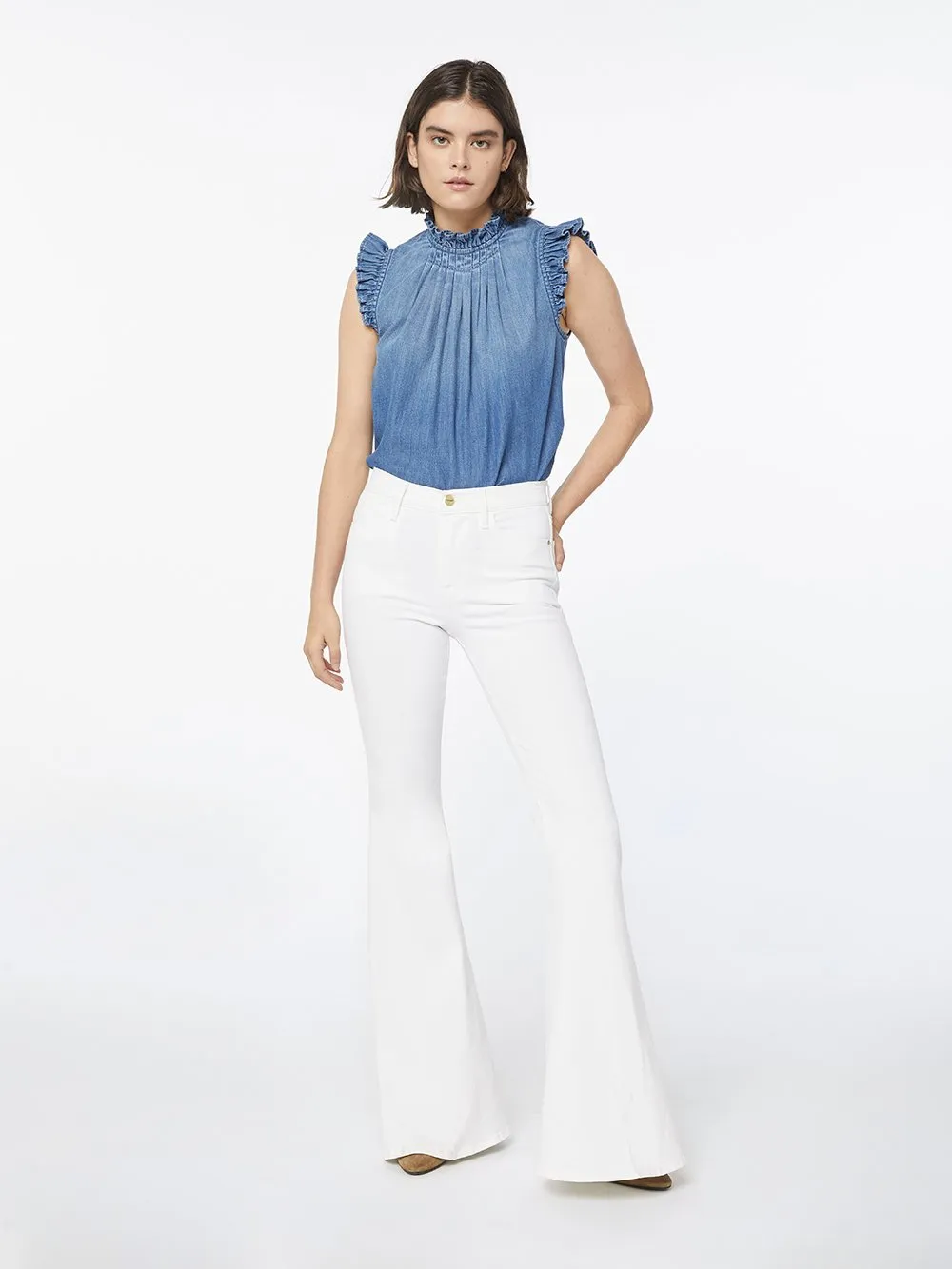 Frame - Ruffle Denim Sleeveless Top in Joanie