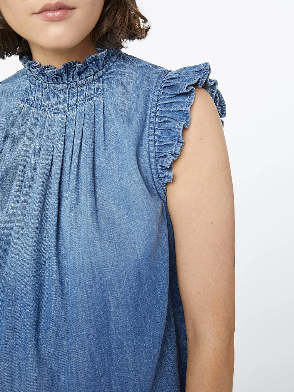 Frame - Ruffle Denim Sleeveless Top in Joanie