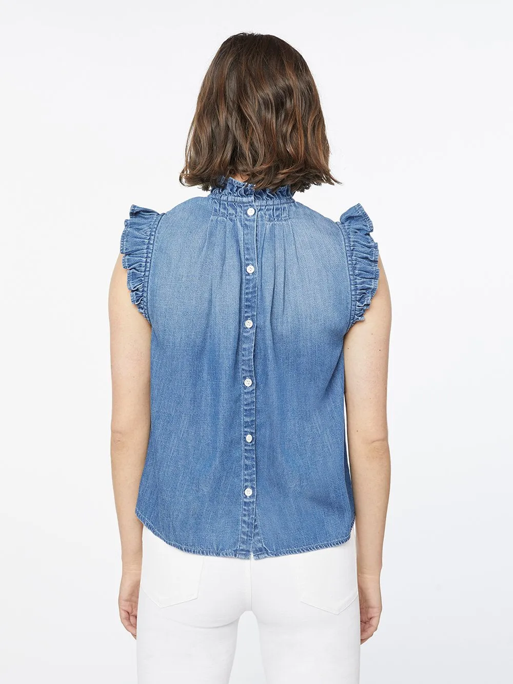 Frame - Ruffle Denim Sleeveless Top in Joanie