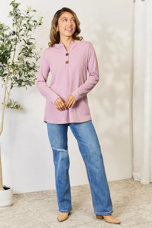 Full Size Texture Half Button Long Sleeve Blouse