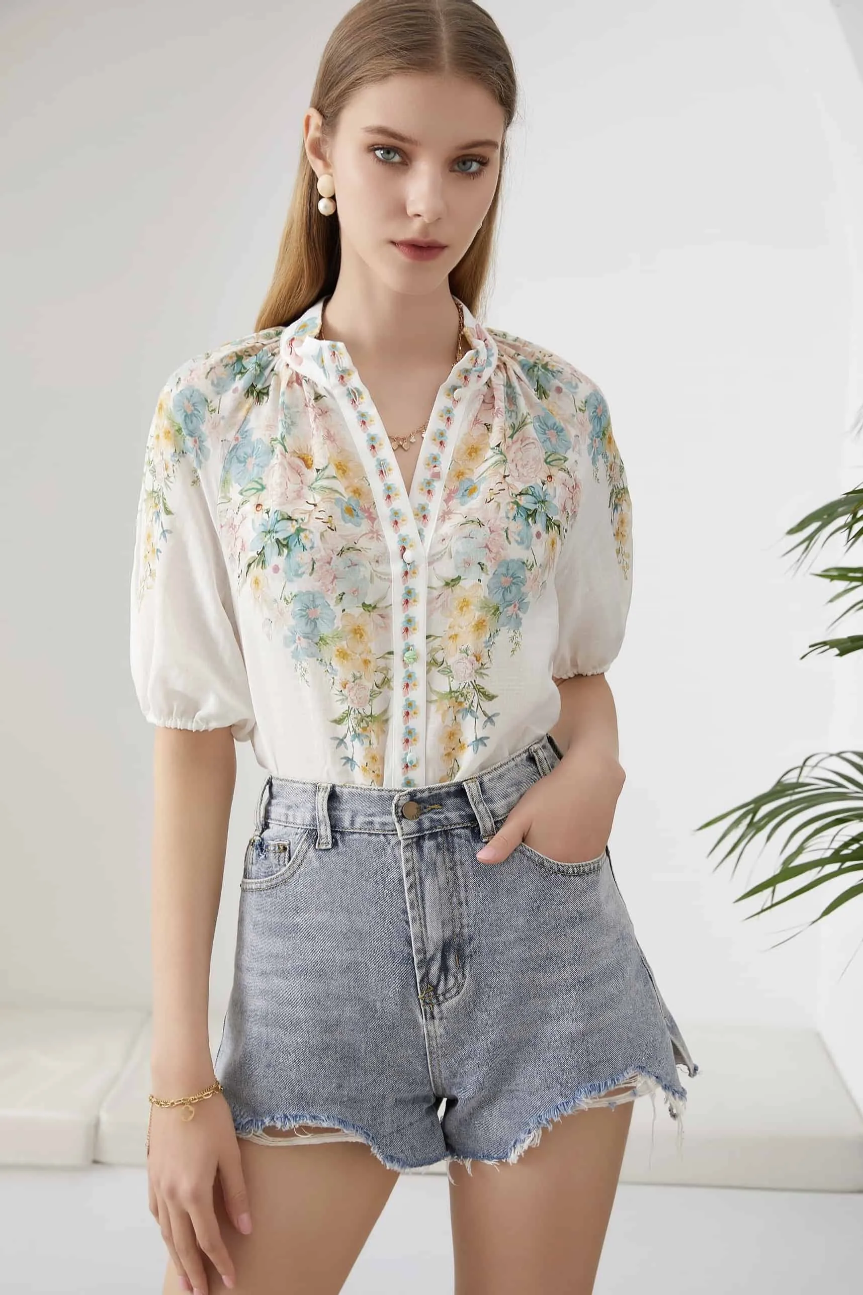 GDS Celeste Short Sleeve Linen Blouse | Mint Floral