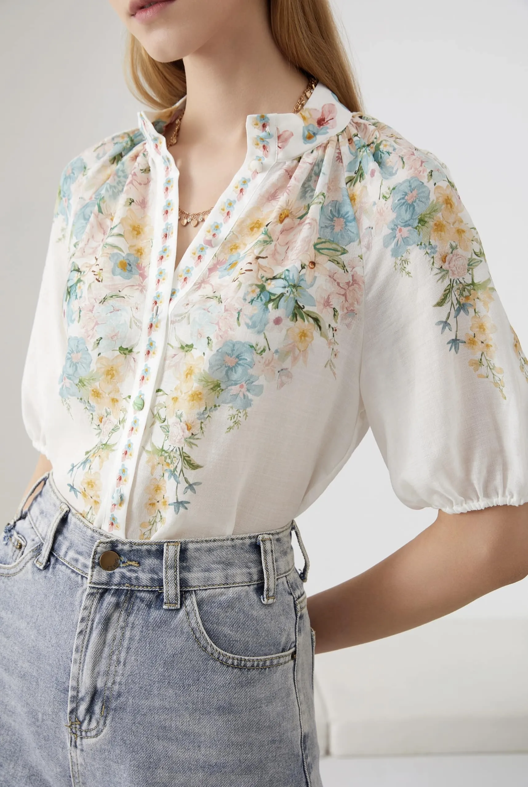 GDS Celeste Short Sleeve Linen Blouse | Mint Floral