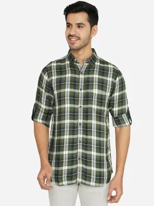 Green Checked Slim Fit Semi Casual Shirt | JadeBlue