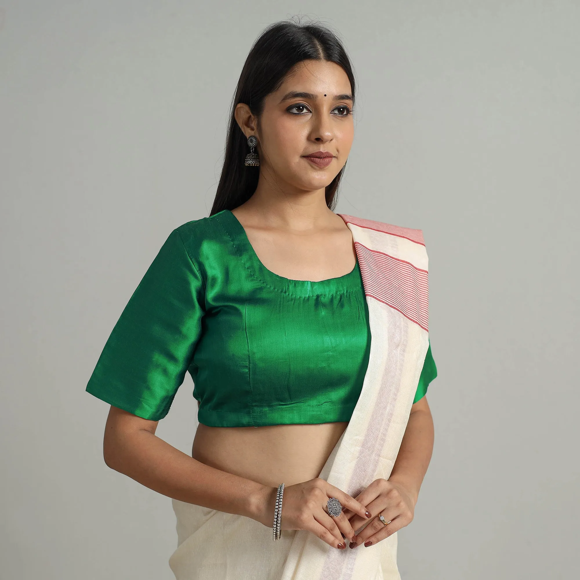 Green - Modal Silk Plain Stitched Blouse 03