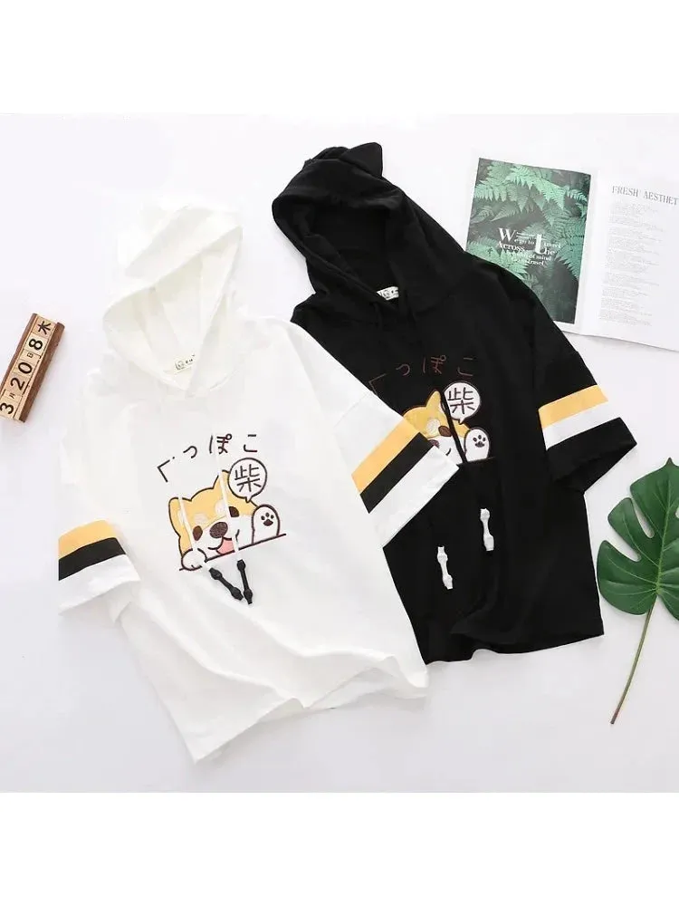 Hooded T Shirts Cartoon Dog Embroidery Funny  Shirt Summer Short Sleeve O Neck Cotton -shirt For Girl Female