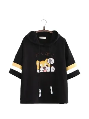 Hooded T Shirts Cartoon Dog Embroidery Funny  Shirt Summer Short Sleeve O Neck Cotton -shirt For Girl Female