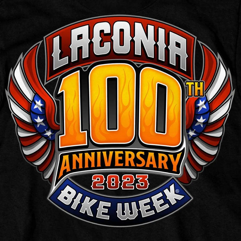 Hot Leathers ELM1054 Men's Black 2023 Laconia Motorcycle Rally 100th Anniversary Logo Bike Week T-Shirt