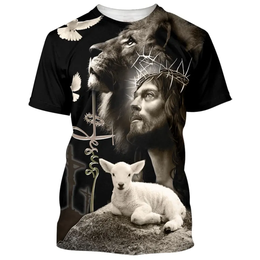 Jesus Lion And The Lamb Black 3d Shirts - Christian T Shirts For Men And Women