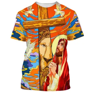 Jesus Praying Lion Of Judah Christian Cross Faith 3d All Over Print Shirt - Christian 3d Shirts For Men Women