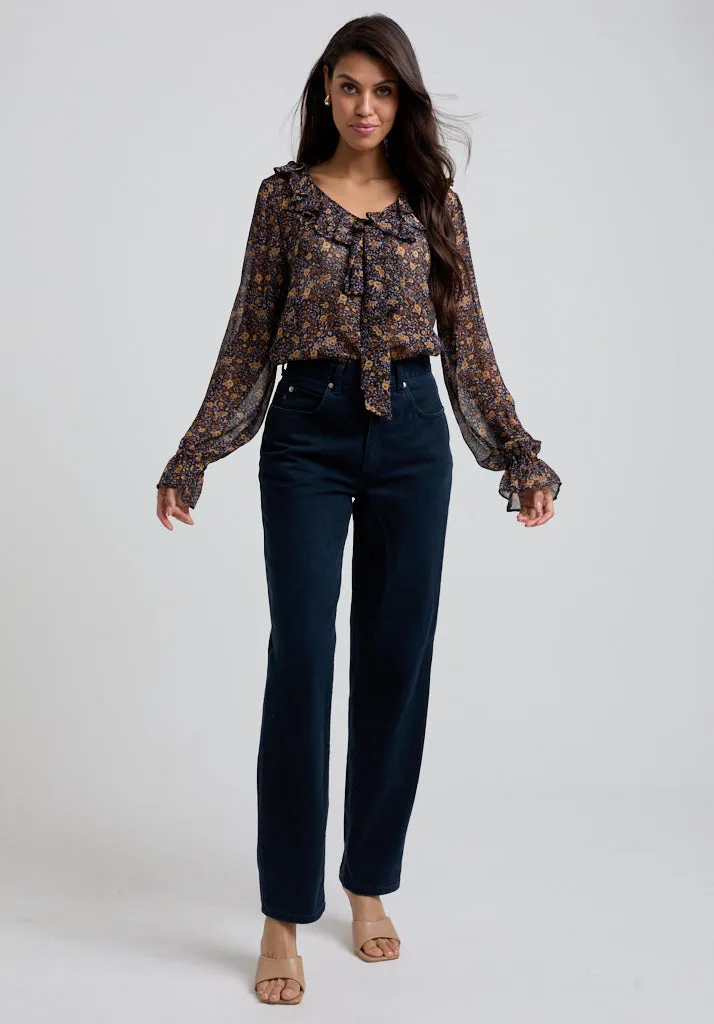 Joni Ruffle Neck Aster Print Blouse In Brown