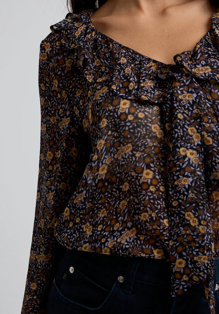 Joni Ruffle Neck Aster Print Blouse In Brown