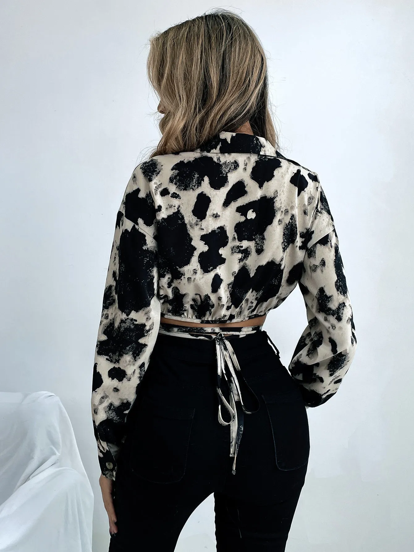 KittenAlarm - Animal Print Button Up Self Waist Tie Crop Blouse