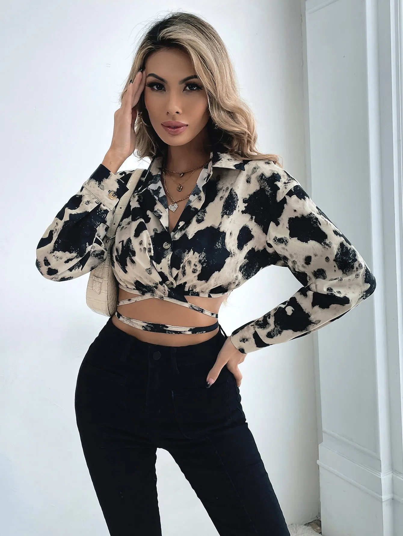 KittenAlarm - Animal Print Button Up Self Waist Tie Crop Blouse