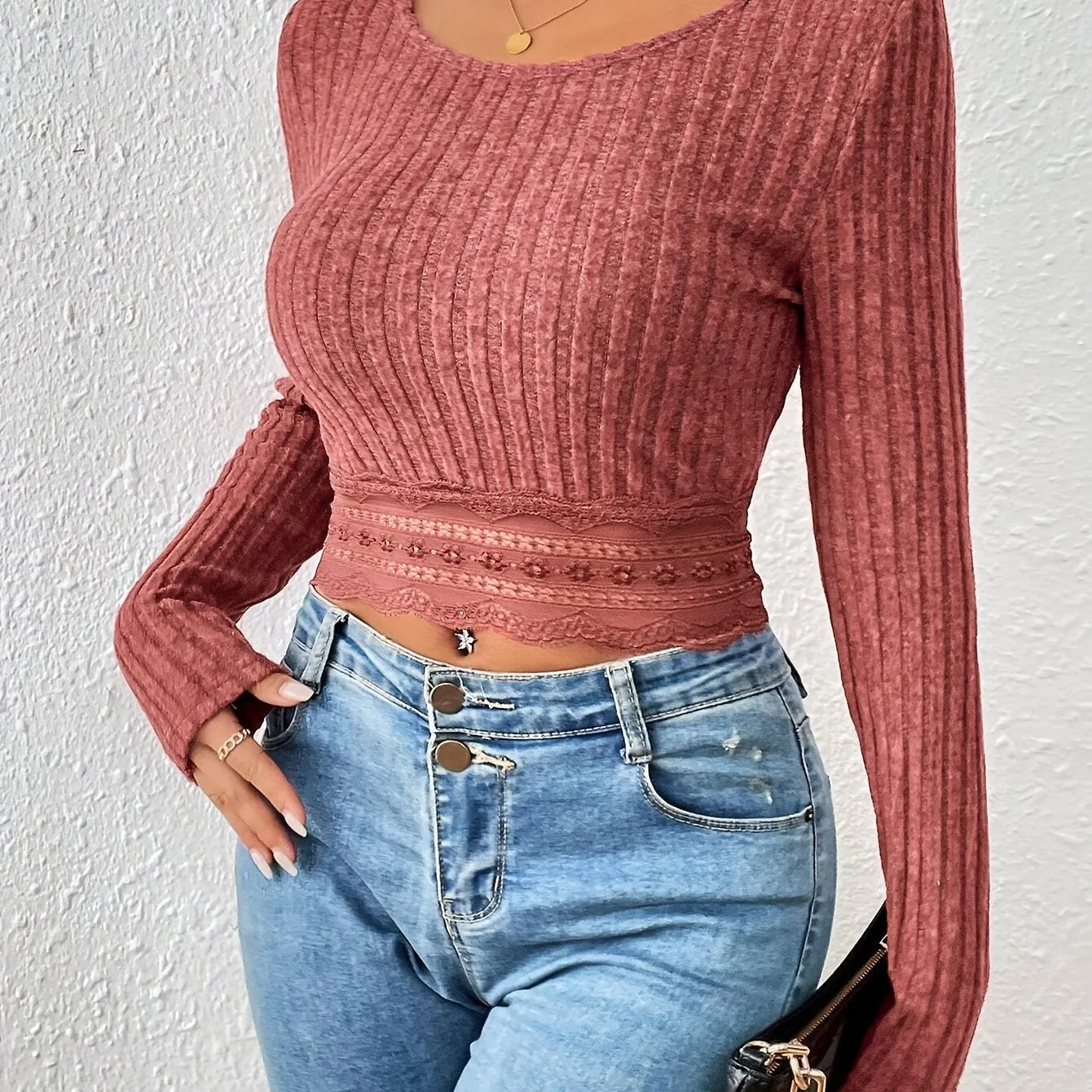 Lace Hem Ribbed Tee Casual Cropped Top for Women