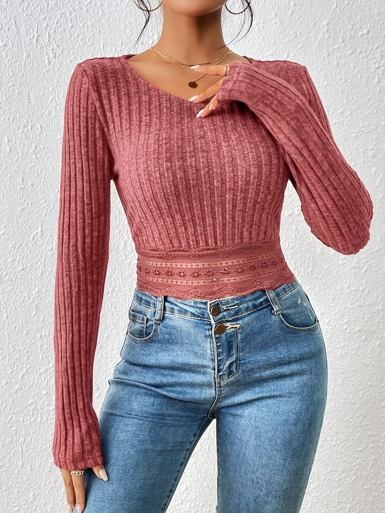 Lace Hem Ribbed Tee Casual Cropped Top for Women