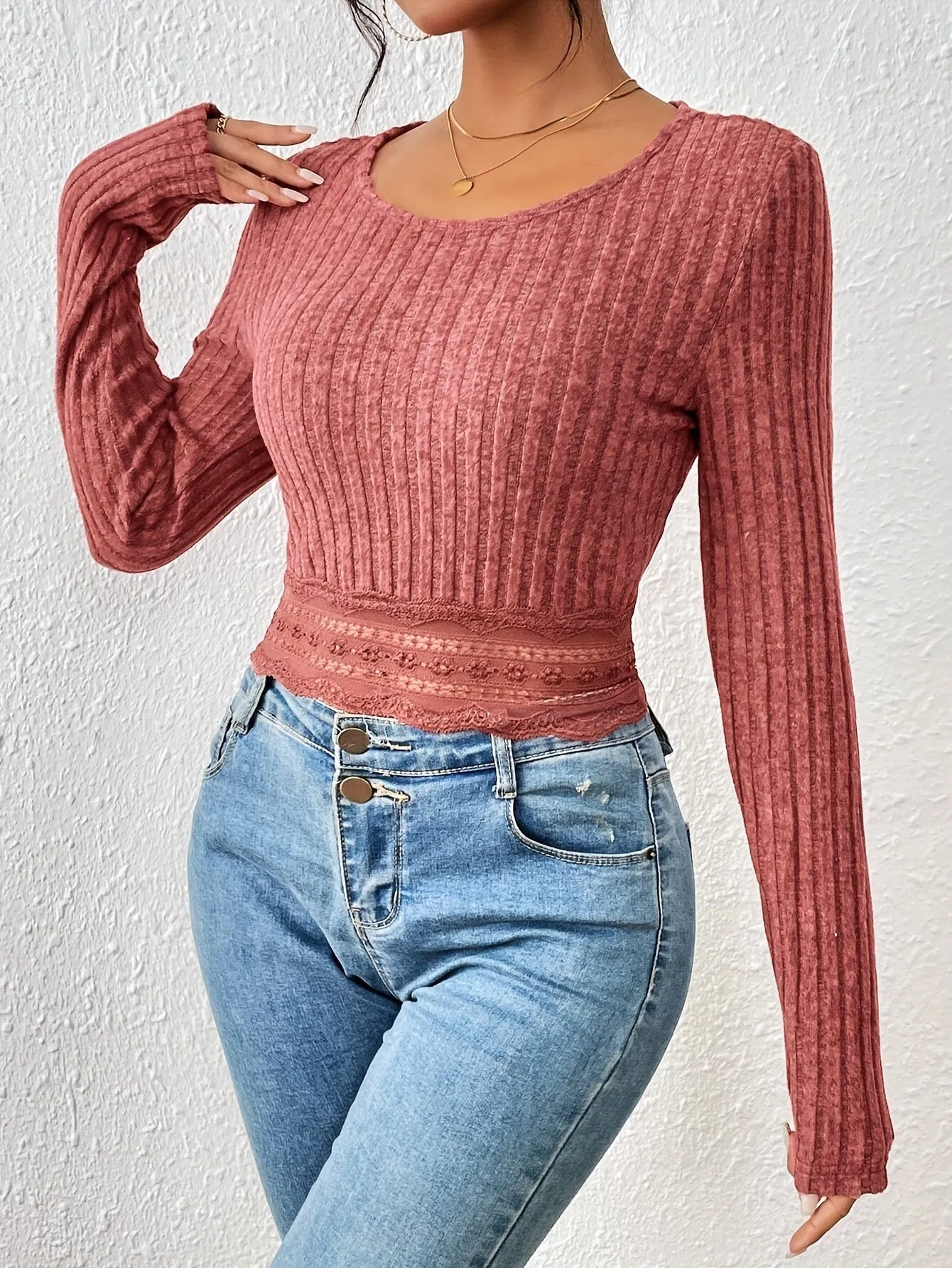 Lace Hem Ribbed Tee Casual Cropped Top for Women