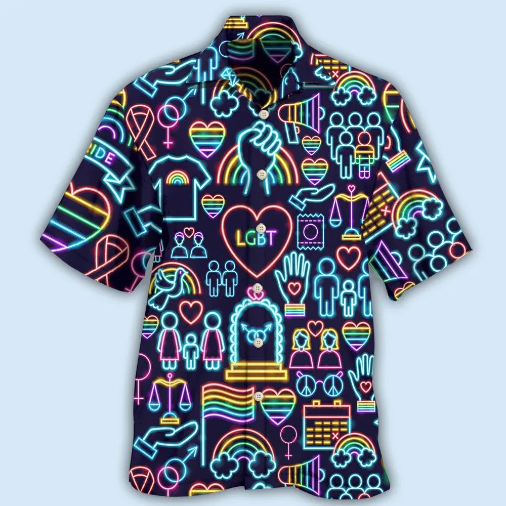 LGBT Aloha Hawaiian Shirts For Summer, Symbols Neon Colorful Rainbow LGBT Pride Hawaiian Shirts