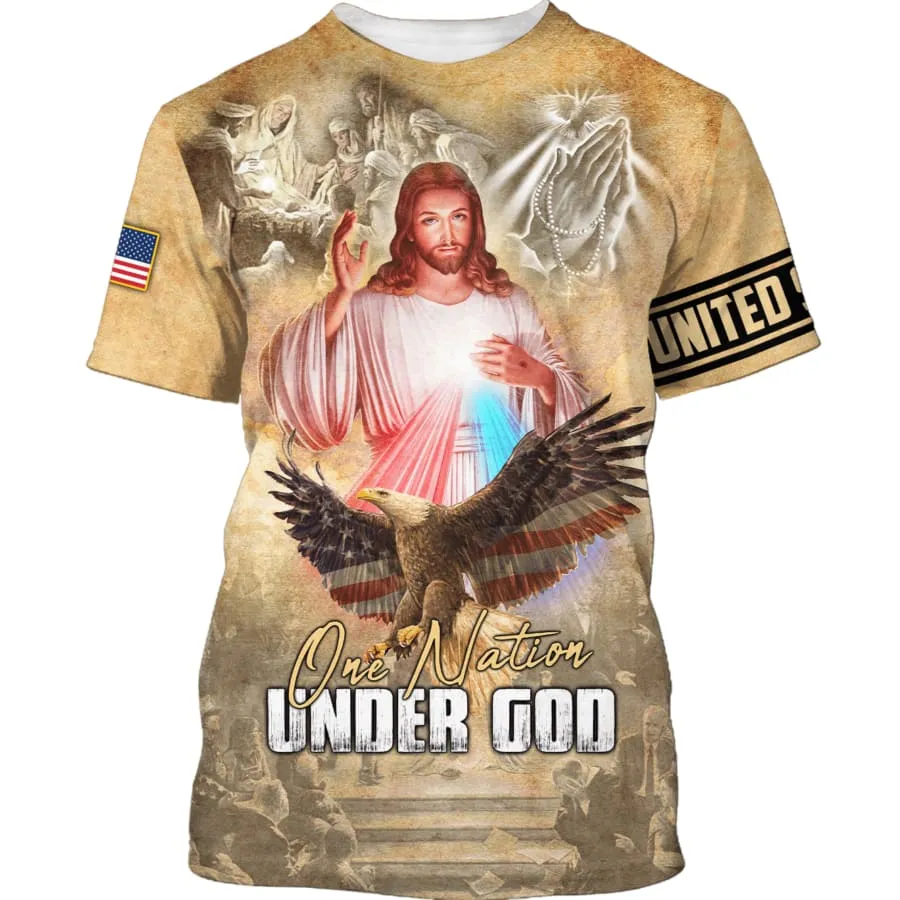 One Nation Under God Shirts - Jesus And Eagle American Flag 3d Shirts - Christian T Shirts For Men And Women