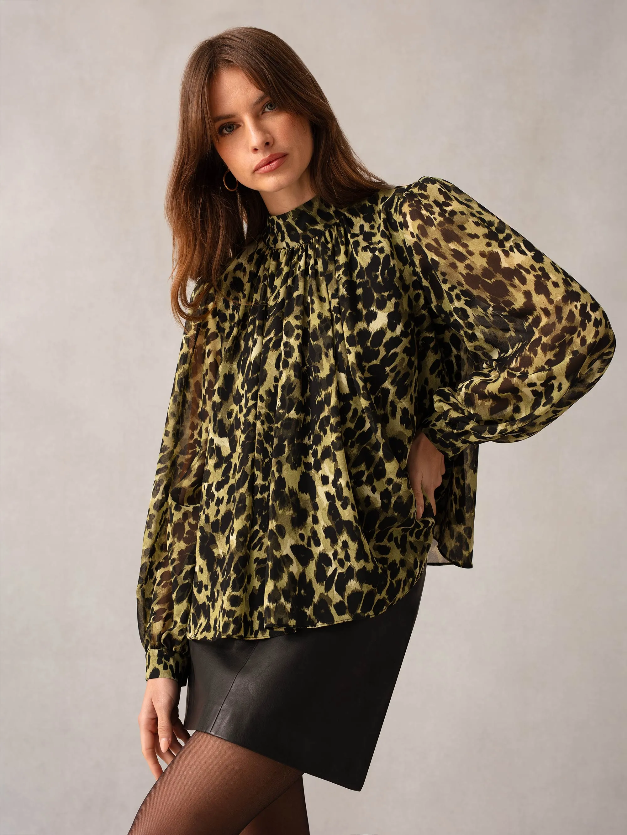 Soft Leopard Button Cuff Blouse