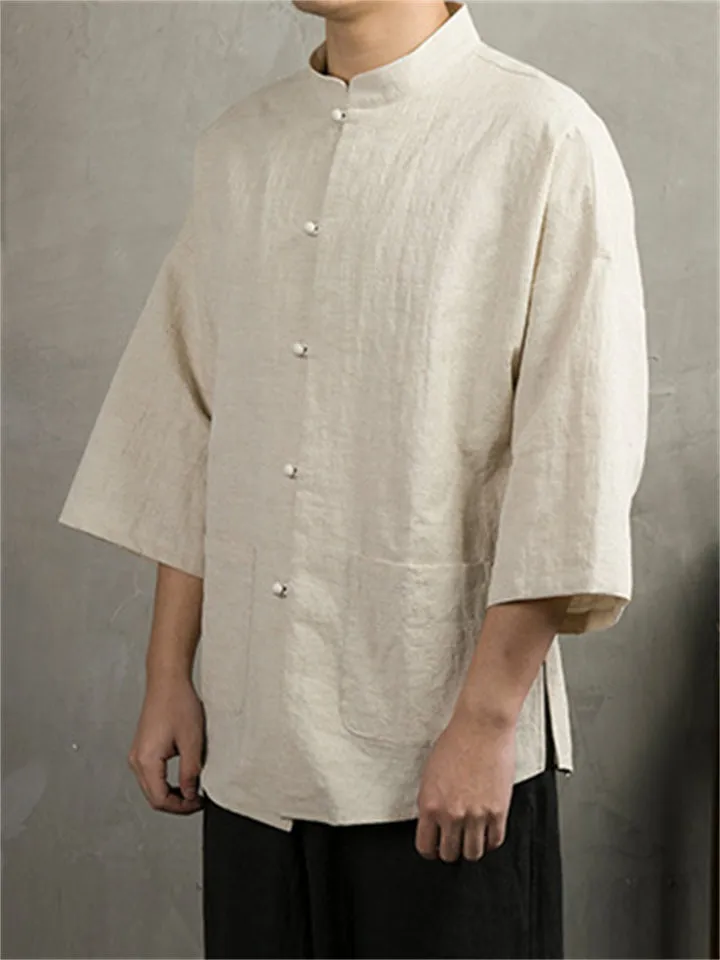 Solid Color Chinese Style 3/4 Sleeve Relaxed T-shirts for Men