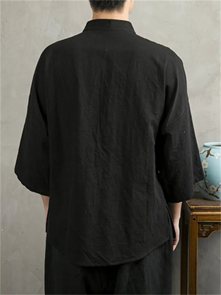 Solid Color Chinese Style 3/4 Sleeve Relaxed T-shirts for Men