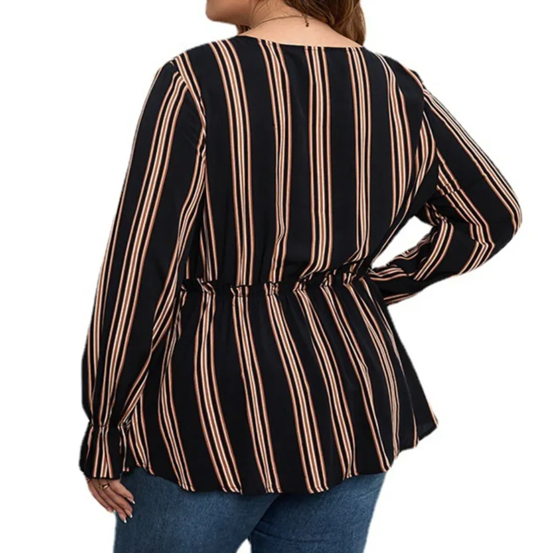 Stripe Printed V-Neck Tops for Women - Trendy Button Decoration, Comfortable Slight Stretch Fabric