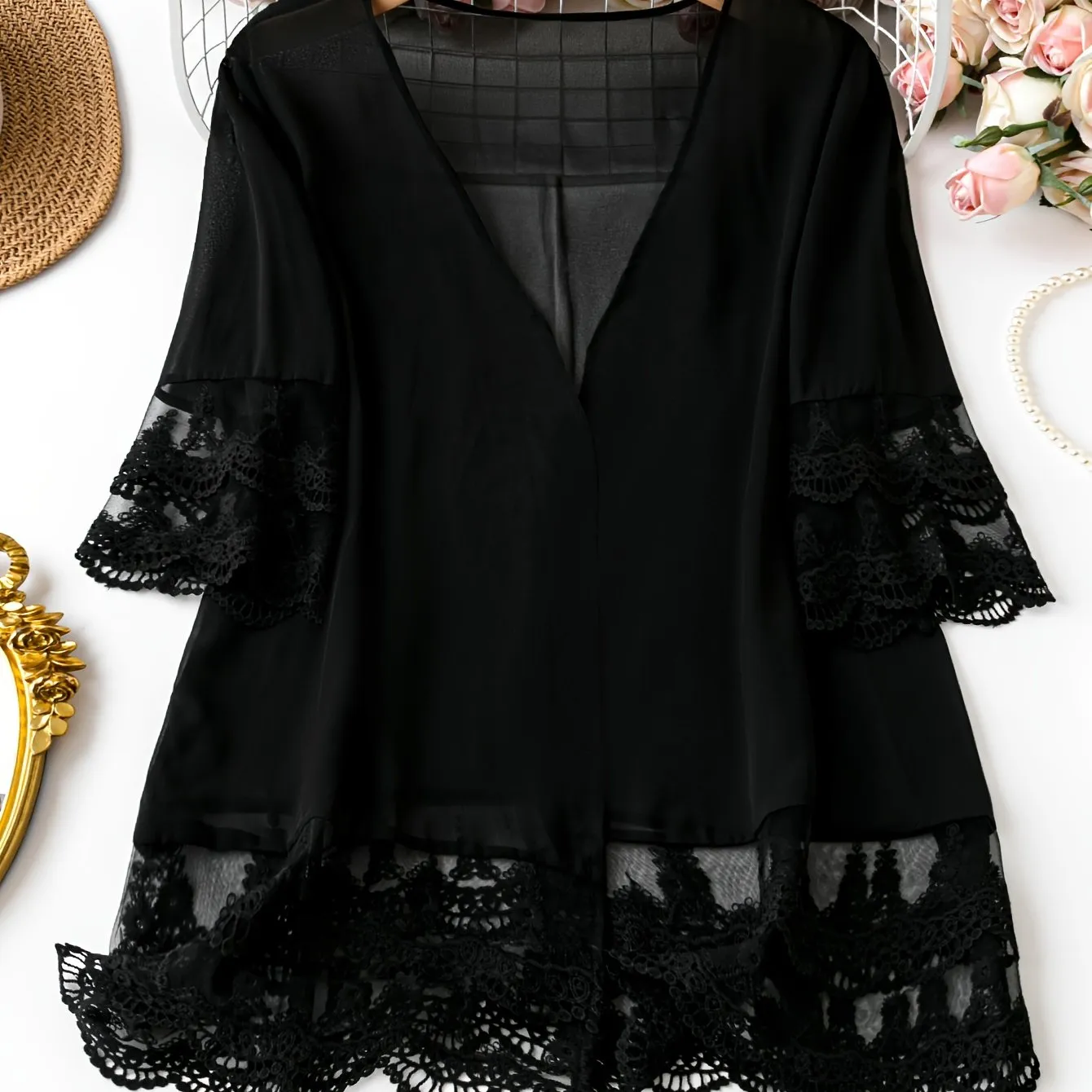 Stylish Plus Size Lace Beach Cover Up in Black