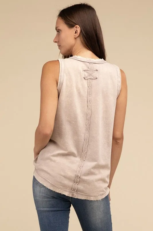 Washed Half-Button Raw Edge Sleeveless Henley Top