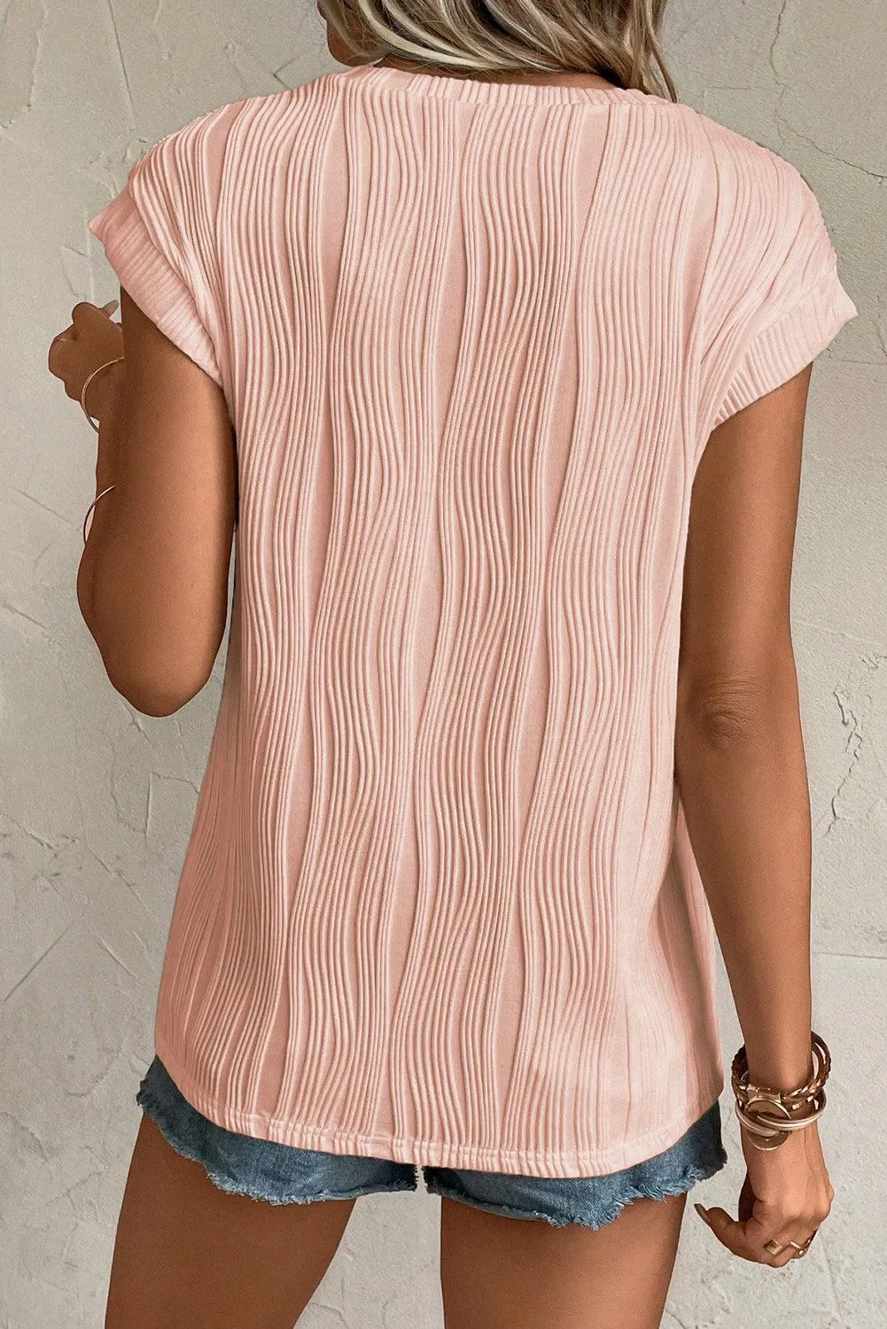 Wavy Texture Cap Sleeve Pink Top for Ladies